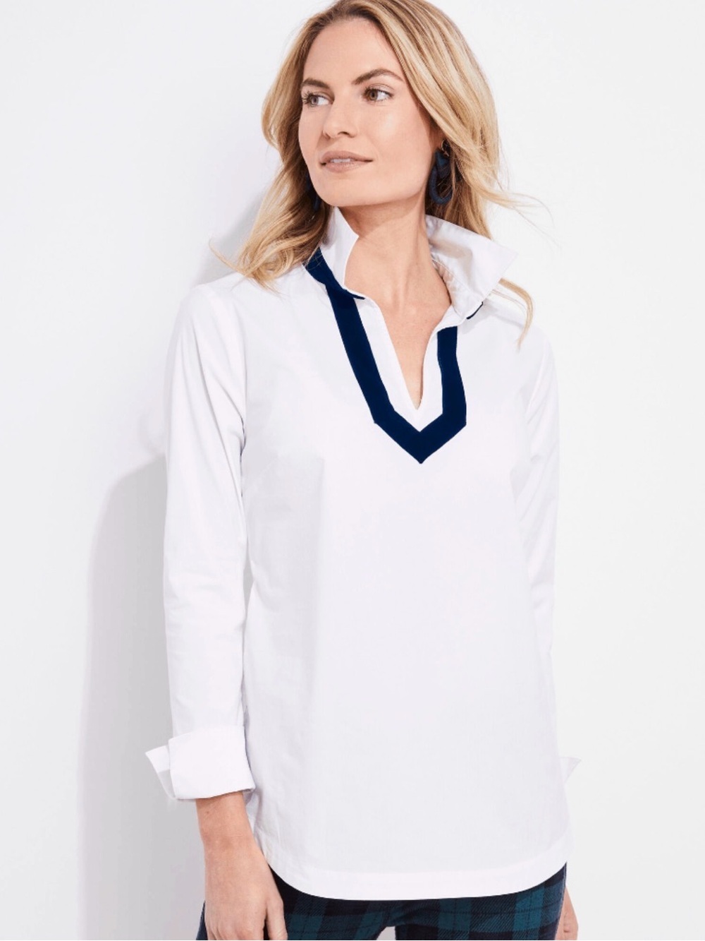 Vineyard Vines Purple Velvet Trim White Popover Tunic Top Small cotton stretch